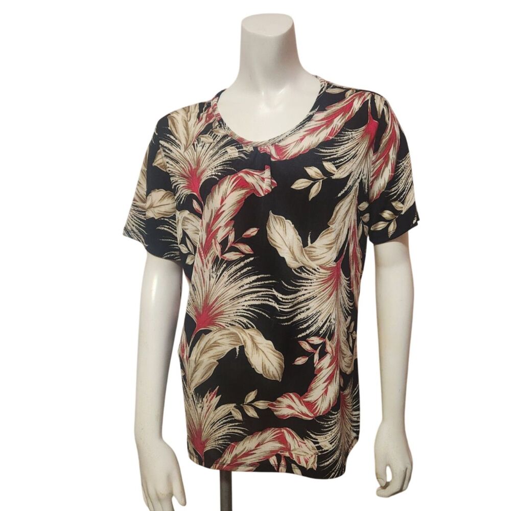 Jaclyn Smith Short Sleeve Blouse Red Black and Cream Floral Print Womens Size L